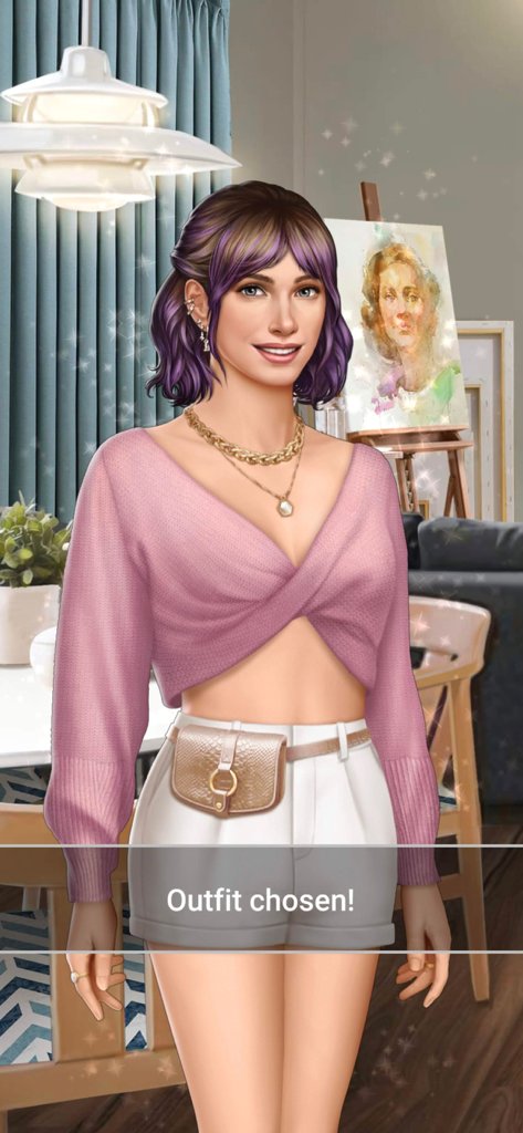 A female character with short purple hair wearing a pink cropped sweater and white shorts with the text Outfit chosen in the Choices mobile game.