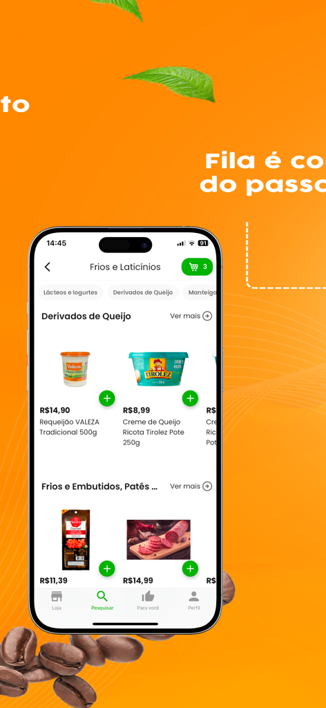 Super Lagoa - Mobile interface of the Super Lagoa grocery app showing a selection of dairy and cold cut products