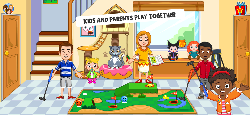 My Town Friends House PJ game - Personagens de família jogando mini-golfe na sala de estar de uma casa de bonecas digital