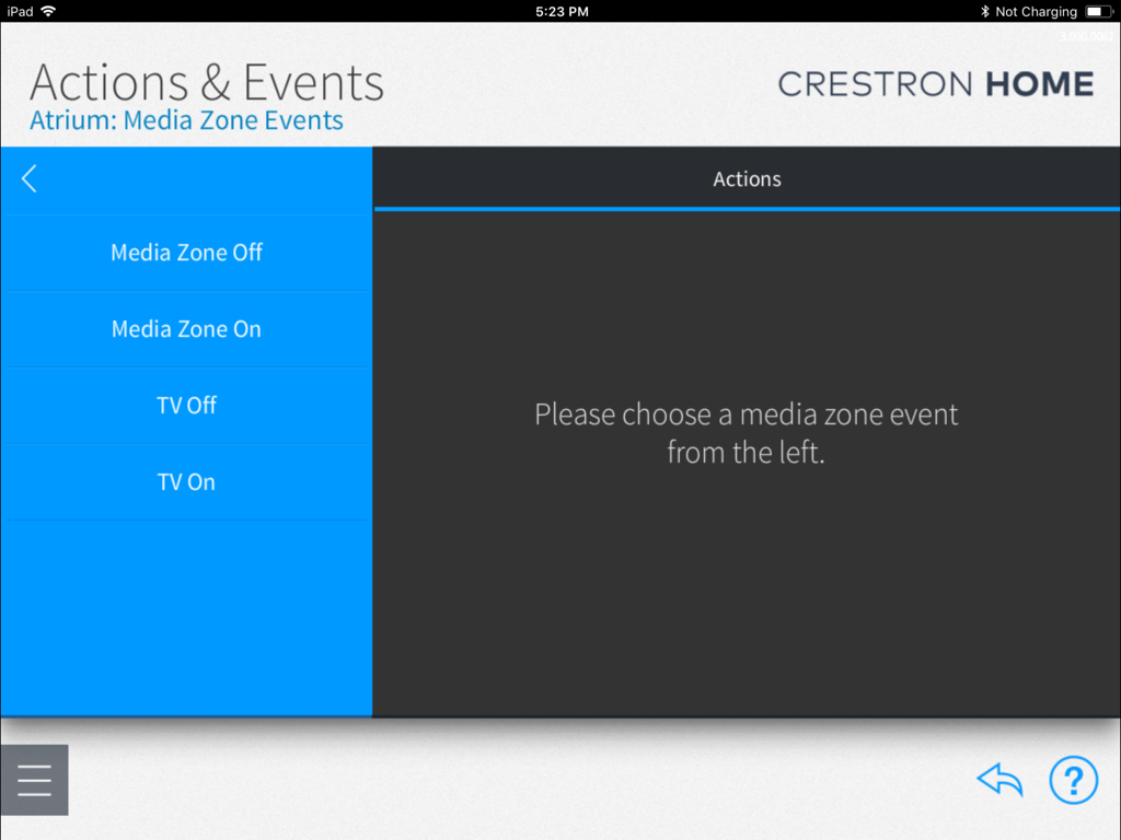 Crestron Home Setup - Interface for configuring media zone actions and events in Crestron Home Setup.