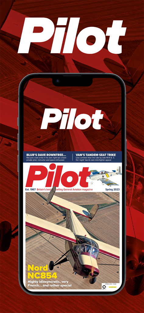Edición digital de Pilot Magazine en iPhone con un avión Nord NC854 en la portada
