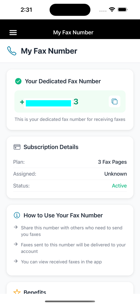 Easy Fax Plus - Interfaz de la aplicación Easy Fax Plus que muestra un número de fax dedicado y los detalles del plan de suscripción