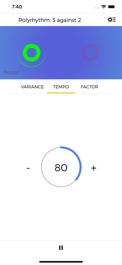 Metron (Pro Metronome) - Metronアプリのインターフェース、80 BPMで3対2のポリリズムを表示