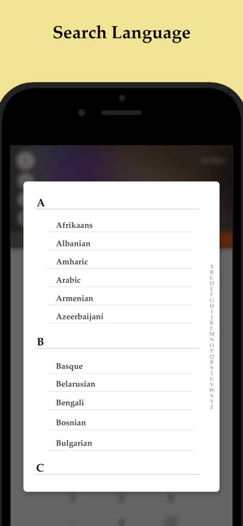 Check Writer : Number to Words - A mobile screen showing an alphabetical list of languages for global number to words conversion