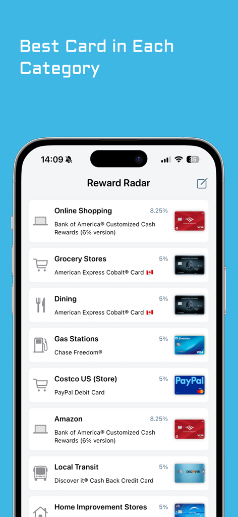 RewardRadar: Credit Cards - RewardRadar app screen displaying a list of the best credit cards to use for various shopping categories like groceries, dining, and gas.