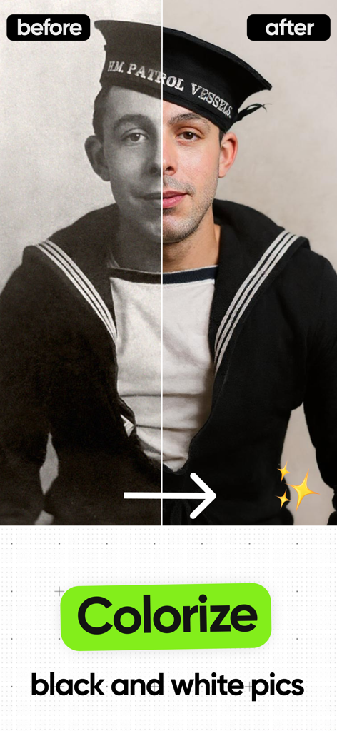 Restore Old Photos: Restorio - Vorher-Nachher-Vergleich eines Schwarz-Weiß-Foto eines Matrosen, das mit Restorio koloriert wird.