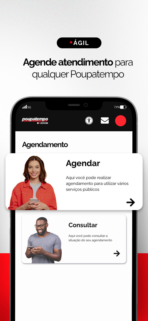 Poupatempo SP.GOV.BR - Interfaz de la aplicación Poupatempo SP.GOV.BR mostrando opciones para programar o consultar servicios públicos