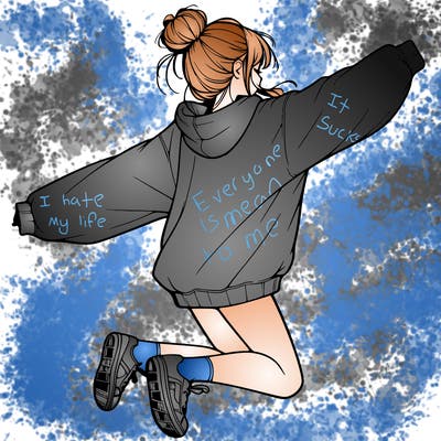 realistic girl jumping with a bun and oversized sweatshirt