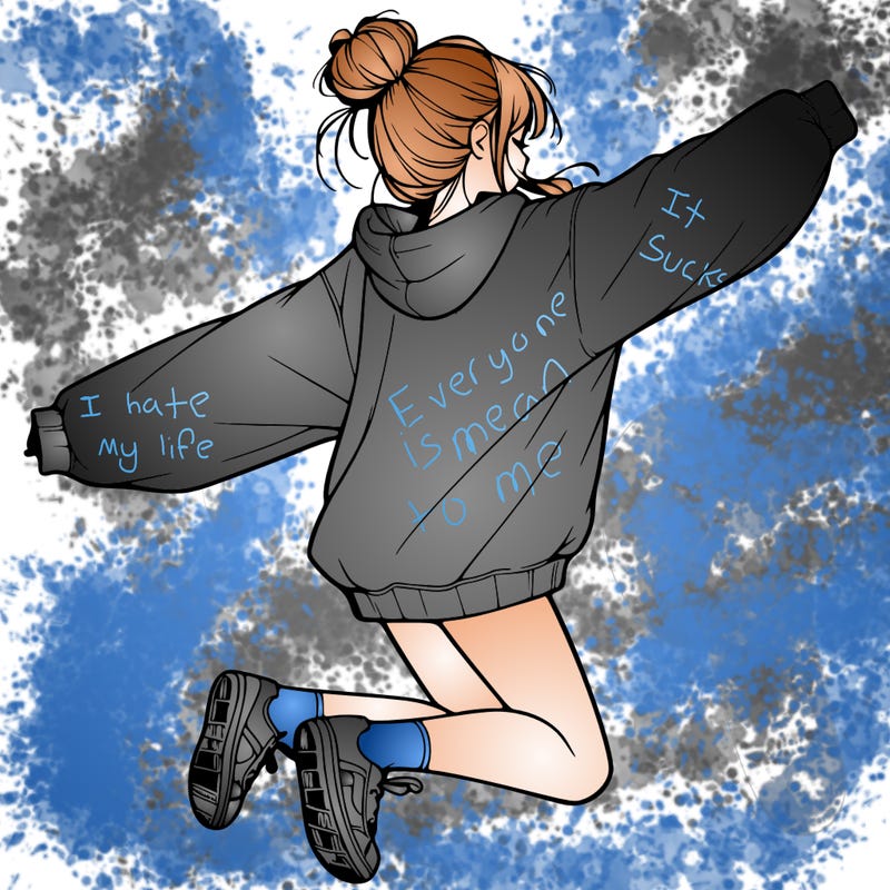 realistic girl jumping with a bun and oversized sweatshirt