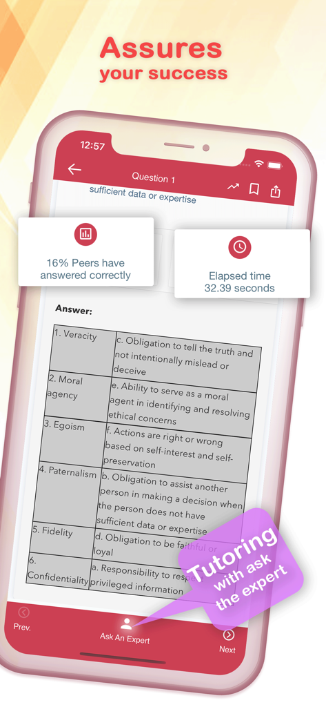 A practice question on the PASS CCRN nursing exam app highlighting the Ask An Expert tutoring option.