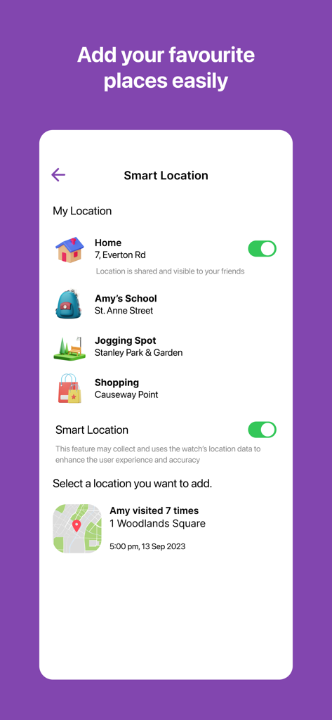 Smart Location-Oberfläche in der myFirst Circle App, die eine Liste von gespeicherten Lieblingsorten wie Zuhause und Schule für die Kindesverfolgung anzeigt