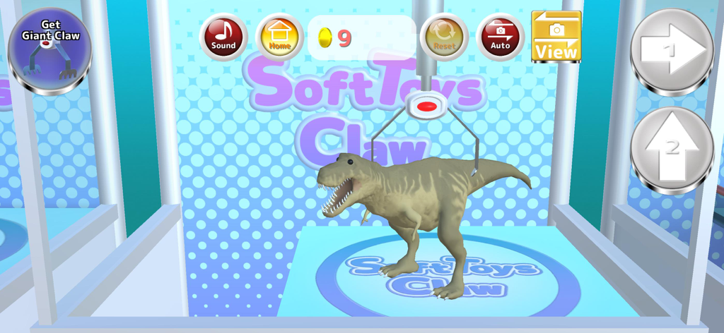 Soft Toys Claw : Claw Machine - Interfaz del juego de máquina de garra con un peluche de dinosaurio T-Rex y botones de control