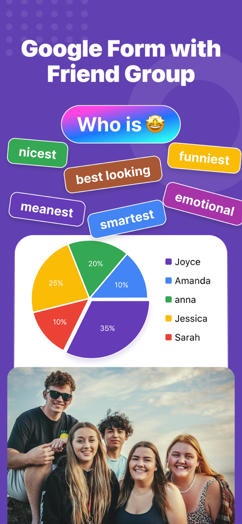 Ein Kreisdiagramm, das die Ergebnisse einer sozialen Umfrage für eine Gruppe von Freunden in der mobilen Forms for Google Docs-App anzeigt