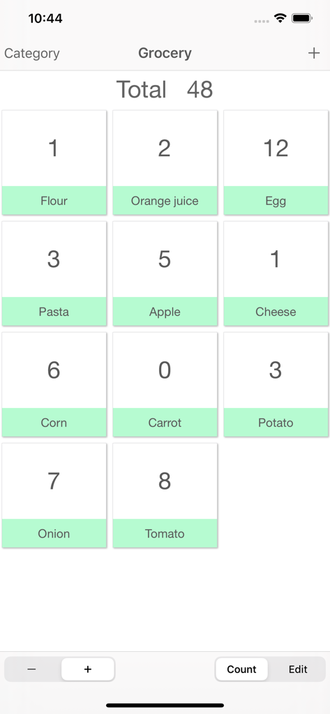 A grid layout in the Counters plus app showing a grocery list with individual item counts and a total sum