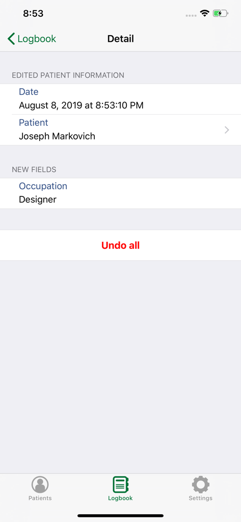 bitacora: patient's logbook - Una entrada de diario detallada que muestra información editada del paciente y un botón para deshacer cambios en la aplicación bitacora