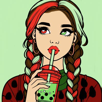 realistic girl with braided hair drinking boba