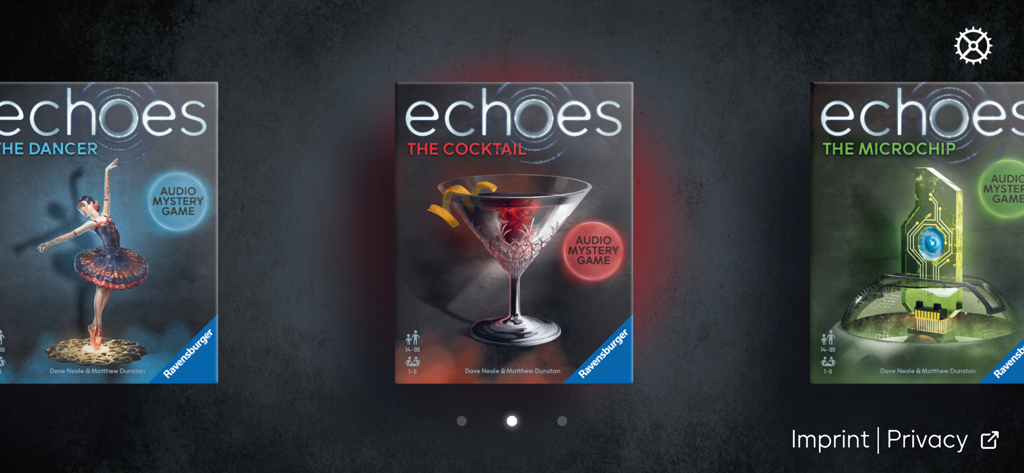 Ravensburger echoes - The game selection screen for the Ravensburger echoes app featuring stories like The Dancer and The Cocktail