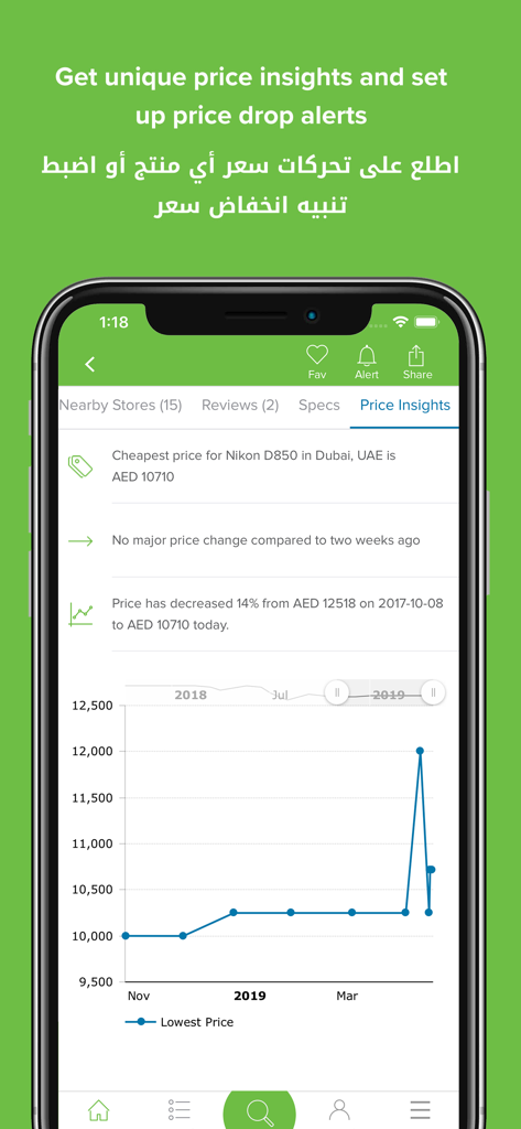 Pricena - Price Comparison - Pricena mobile app screen showing historical price trends and shopping insights