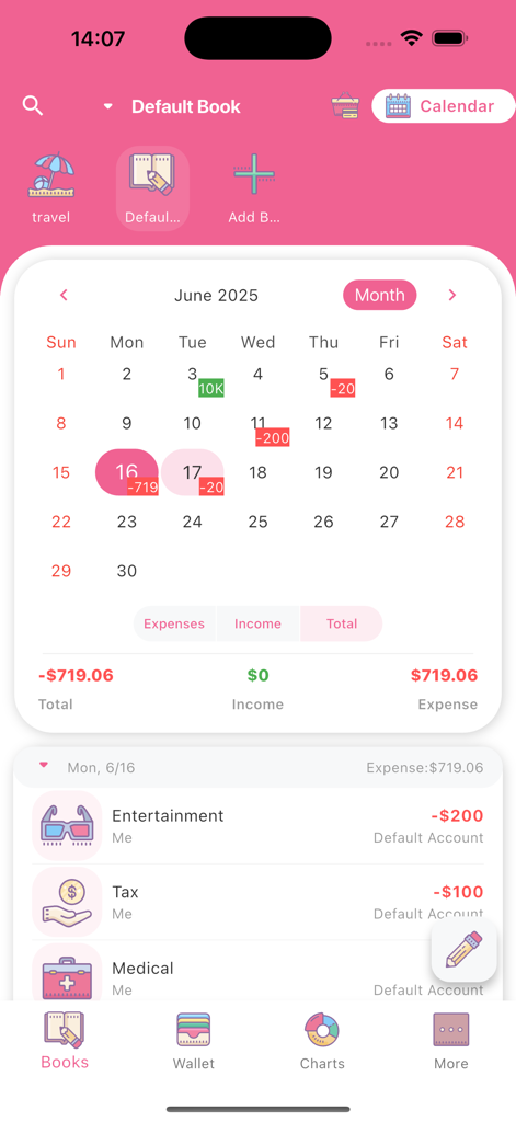 Aesthetic calendar interface of the Money plus app showing daily expense and income summaries for June.