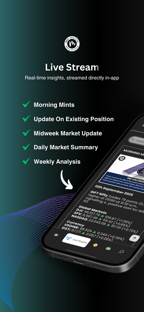 Mint Investing - Mint Investing app interface showing real time market insights and daily stock analysis summaries