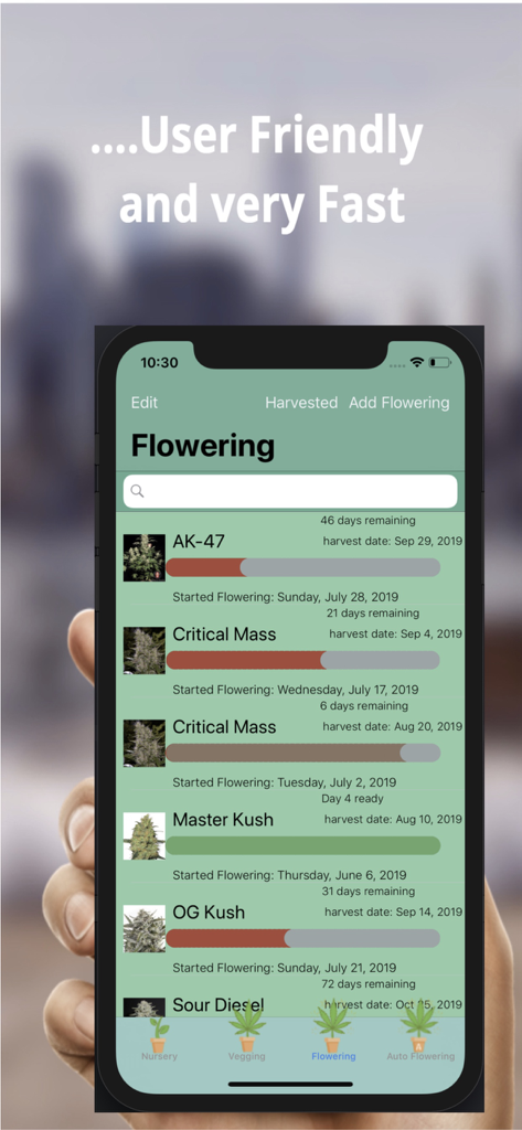 Interface of the My Grow app tracking cannabis plant flowering cycles