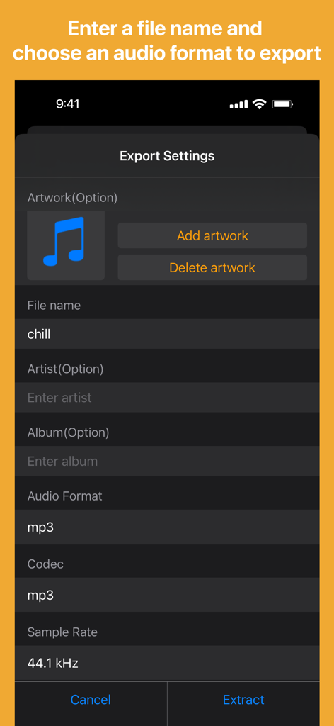 The export settings screen showing options for adding artwork, file name, artist, and choosing audio formats like MP3.