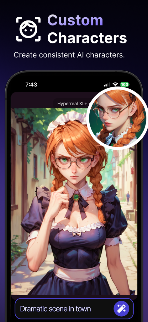 Promptchan: AI Girlfriend - Promptchan app screen displaying custom AI character creation with an anime girl character