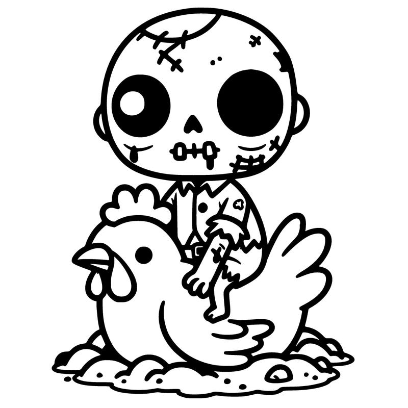 a cute zombie sitting on a cute chicken