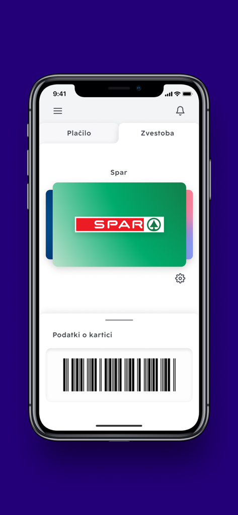 NLB Pay app interface showing a digital Spar loyalty card and scanning barcode