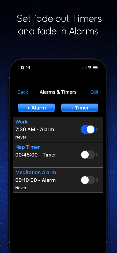 Sleep Machine - Interface do aplicativo Máquina de Dormir mostrando configurações de alarme e temporizador para trabalho e cochilos.