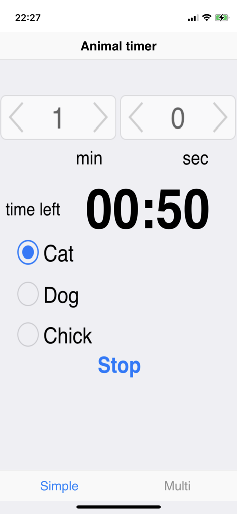 Animal Timer - Animal Timer app interface showing a countdown with cat dog and chick sound options