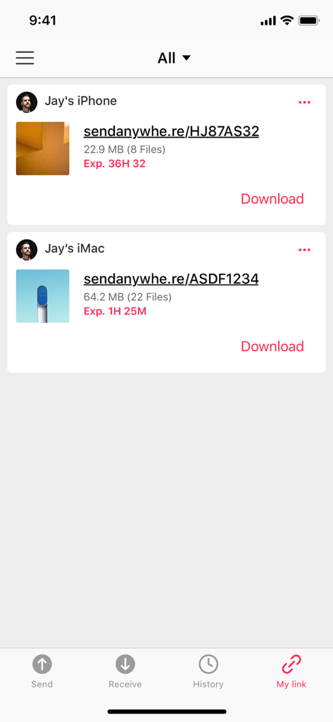 The My Link section of the Send Anywhere app displaying shared files and their expiration times.