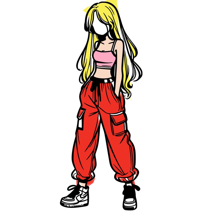 girl in baggy pants crop top and long hair