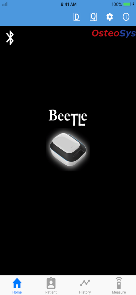 BeeTLe QUS - 휴대용 뼈 밀도 측정 하드웨어와 탐색 메뉴가 포함된 BeeTLe QUS 앱 홈 화면.