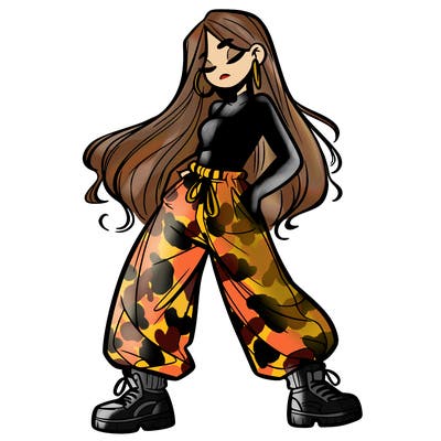 girl in baggy pants crop top and long hair