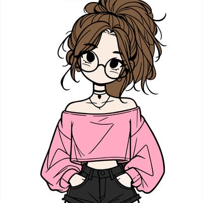 girl with a messy ponytail glasses a baggy crop top and jean shorts