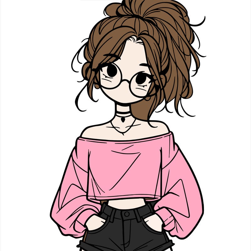 girl with a messy ponytail glasses a baggy crop top and jean shorts