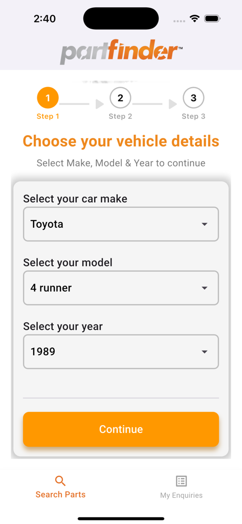 Ecrã da aplicação móvel Partfinder para escolher os detalhes do veículo, incluindo marca, modelo e ano de uma Toyota 4Runner de 1989