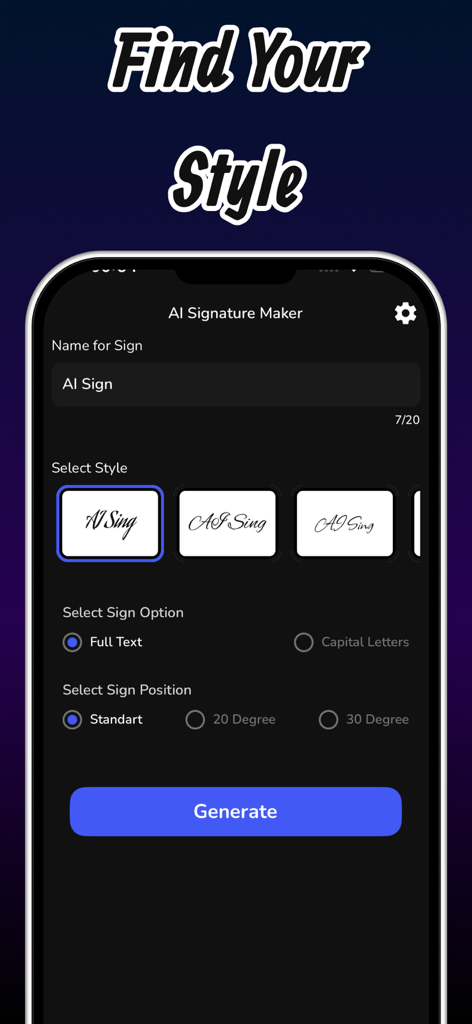 La pantalla de selección de estilo de la aplicación AI Signature Maker mostrando opciones de personalización y generación de firmas.