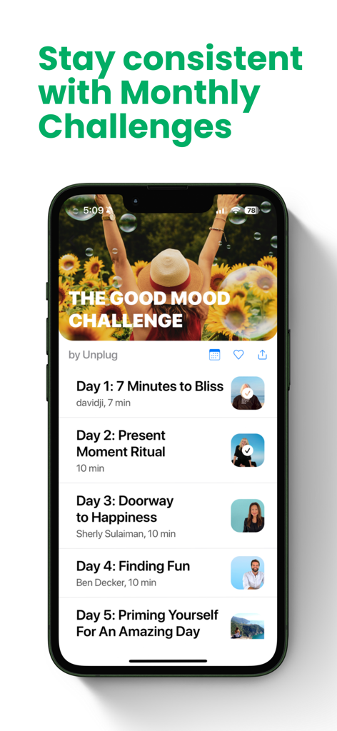 Unplug: Meditation - Smartphone displaying the Unplug Meditation app's Good Mood Challenge with a list of daily meditation videos.