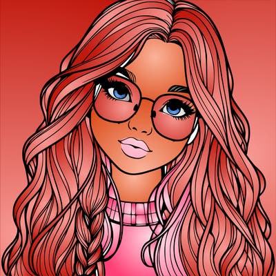 girl with long hair and freckles and glasses realistic