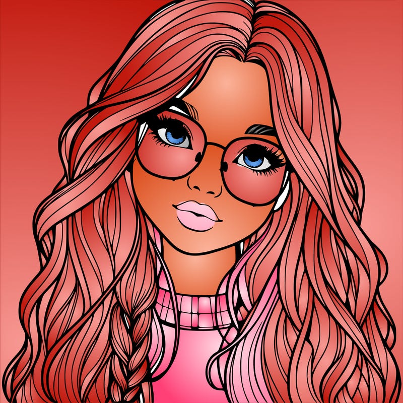 girl with long hair and freckles and glasses realistic
