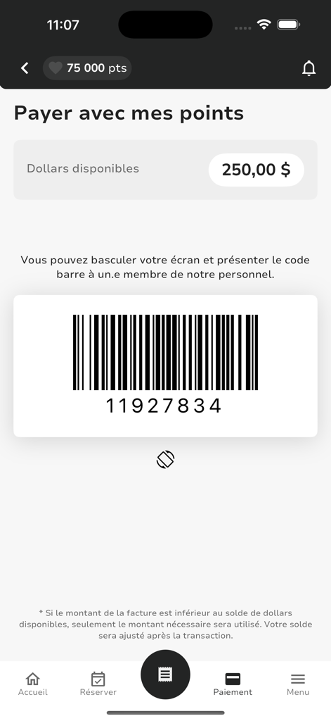 Plaisirs et Privilèges - Screen of Plaisirs et Privileges app showing barcode for paying with loyalty points and available balance.
