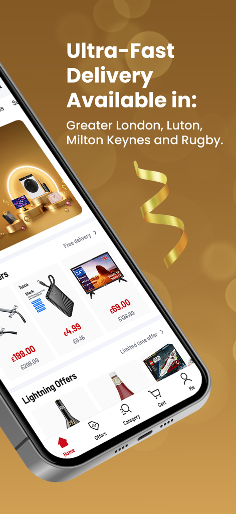 Joybuy app interface showcasing ultra fast delivery services available in Greater London and other UK locations