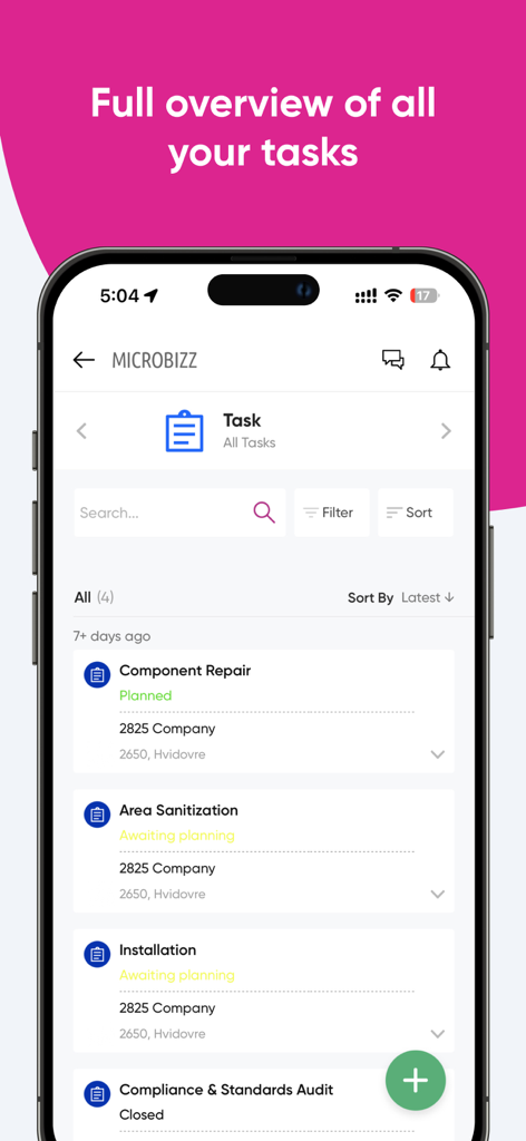 Microbizz 3 - Microbizz 3 app interface displaying a list of assigned field service tasks