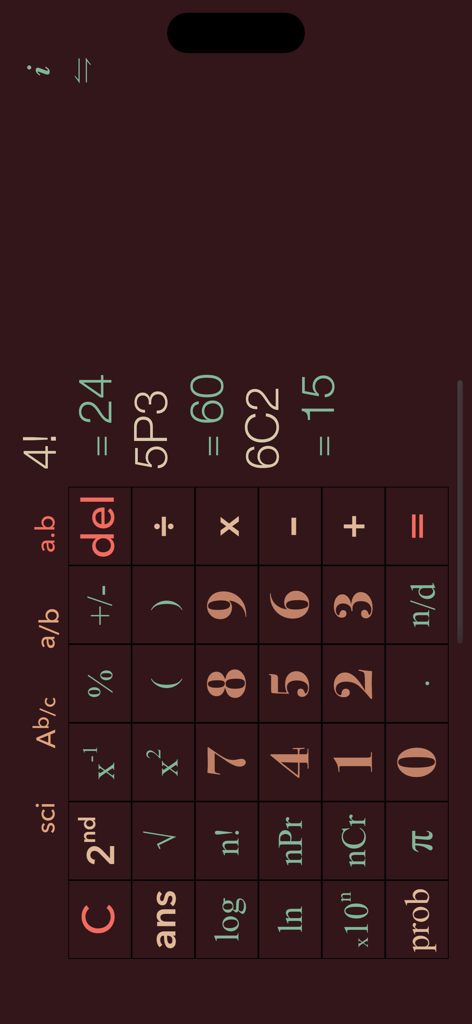 jCalc – Scientific Calculator - jCalc scientific calculator app interface in landscape mode showing calculations for factorials, permutations, and combinations.