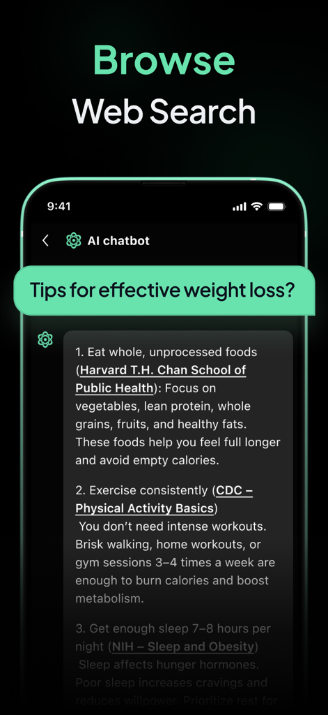 AI Chatbot - Ask Me Anything - Oberfläche der KI-Chatbot-Websuche, die Suchergebnisse mit Zitaten für eine Gewichtsabfrage anzeigt