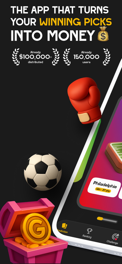 Gamby: Sports Prediction Game - Gamby app screenshot featuring a boxing glove and soccer ball with text highlighting over 100000 dollars distributed to users