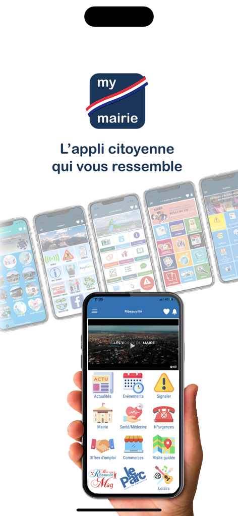 myMairie - Overview of the myMairie mobile app interface showing various civic service icons and city news updates