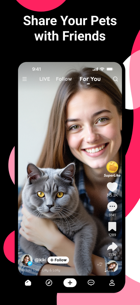 A young woman holding a grey cat on the Likee app short video feed with social interaction icons